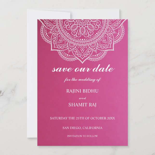 Save The Date Élégant Mariage indien hindou blanc rose (Devant)