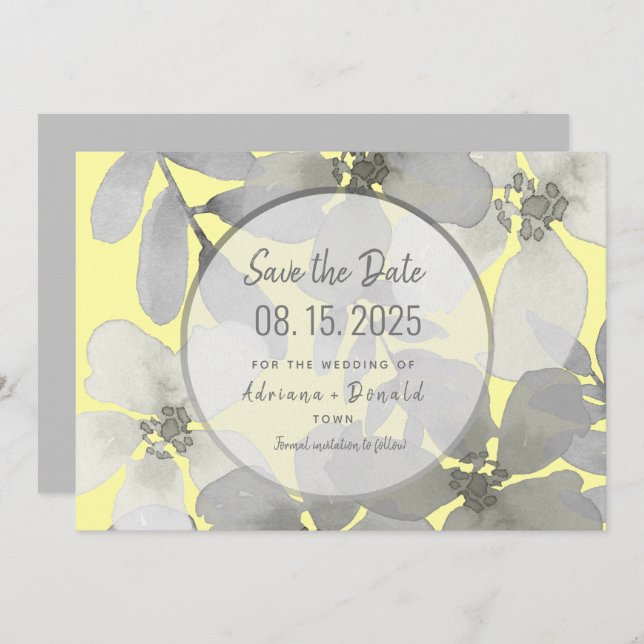 Save The Date Élégant Mariage jaune et gris (Devant / Derrière)