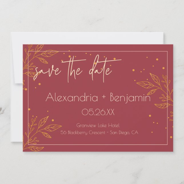 Save The Date Elégant Mariage moderne Bourgogne & Or (Devant)