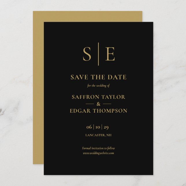 Save The Date Élégant Mariage Monogramme Noir Et Or (Devant / Derrière)
