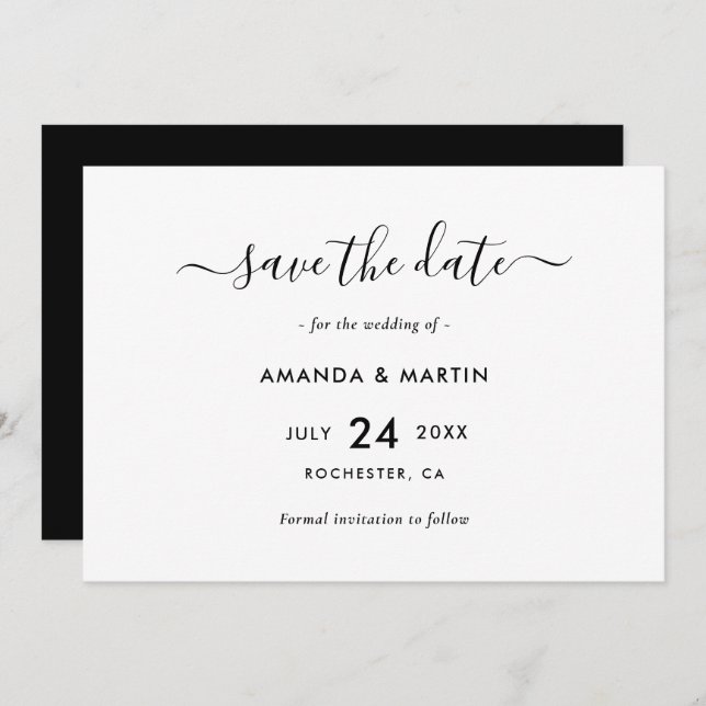 Save The Date Élégant Mariage noir et blanc (Devant / Derrière)