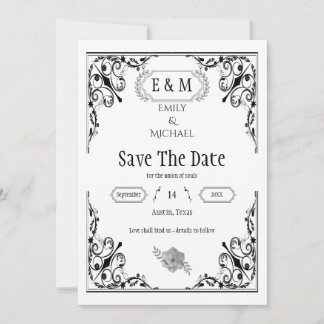 Save The Date Élégant Mariage noir et blanc gothique