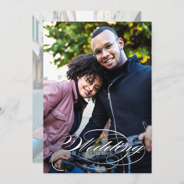 Save The Date Élégant Mariage photo de script blanc (Devant / Derrière)