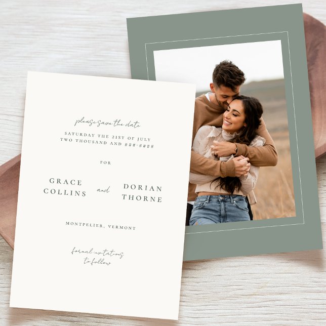 Save The Date Élégant Mariage photo neutre simple Sage Green (Créateur téléchargé)