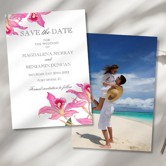 Save The Date Élégant Mariage photo tropical des fleurs d'orchid (Créateur téléchargé)