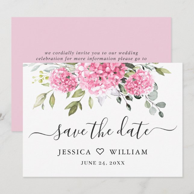 Save The Date Élégant Mariage rose Hydrangea Floral (Devant / Derrière)