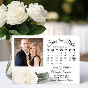 Save The Date Élégant Mariage simple Rose blanche Calendrier & P