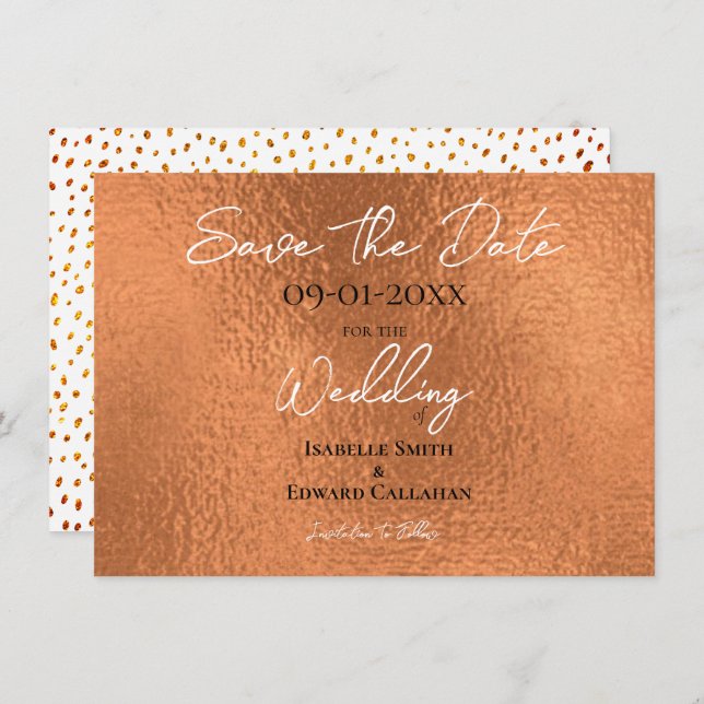 Save The Date Élégant Mariage Texture Métallique Cuivre Faux (Devant / Derrière)