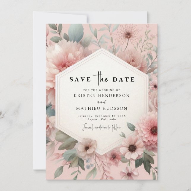 Save The Date Élégant Mariage végétal rose (Devant)