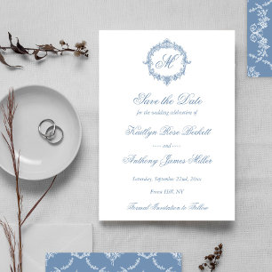 Save The Date Élégant Mariage Vintage Bleu Toile Monogramme