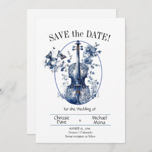 Save The Date Élégant Mariage violon blanc et bleu