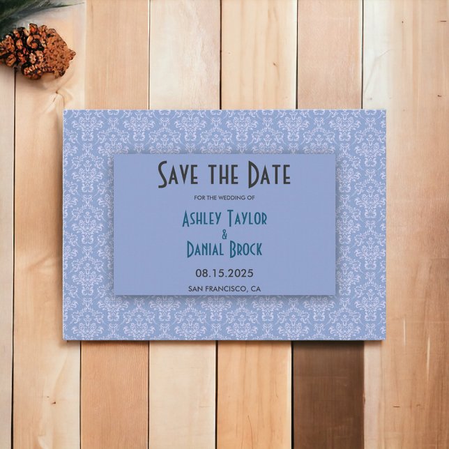 Save The Date Élégant Marine Bleu Damas Script Ornate Mariage (Créateur téléchargé)