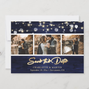 Save The Date Elégant Marine Blue Gold Foil Mariage de bois phot