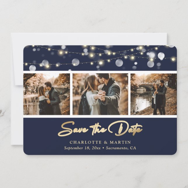 Save The Date Élégant Marine Blue Gold Mariage Photo Enregistrer (Devant)