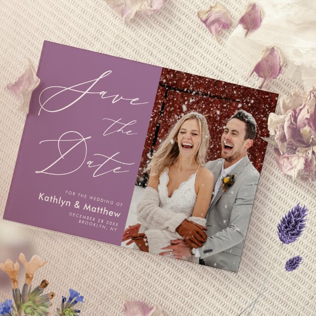 Save The Date Elegant Mauve Élégant Script Mariage photo moderne (Créateur téléchargé)