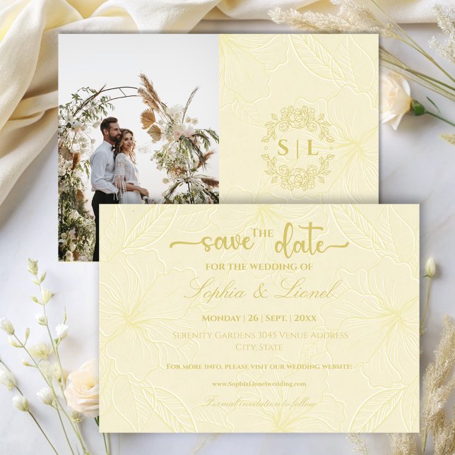 Save The Date Élégant minimal Golden Outline Flowers Mariage (Créateur téléchargé)