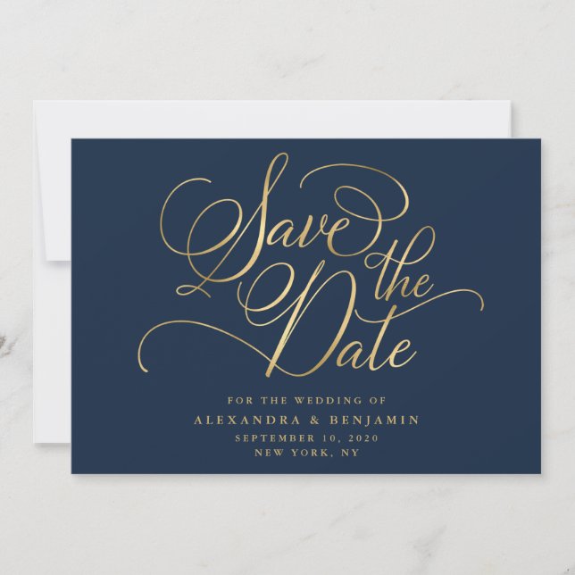 Save The Date Elégant minimaliste marine et Mariage d'or (Devant)