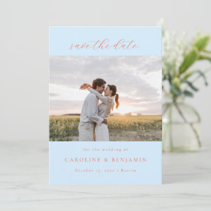 Save The Date Élégant Minimaliste Script Bleu Orange Photo QR