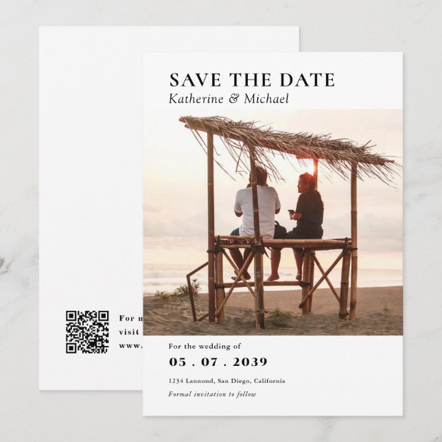 Save The Date Élégant minimaliste une photo Mariage de code QR (Devant / Derrière)