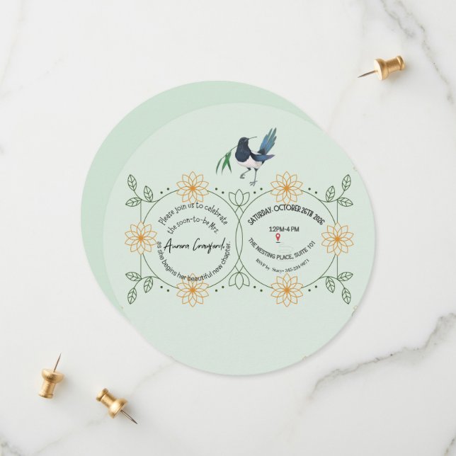 Save The Date Elegant Mint Green & Botanical Bird Bridal Shower  (Devant/Arrière en situation)