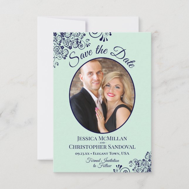 Save The Date Elegant Mint Green & Navy Blue Oval Photo Mariage (Devant)