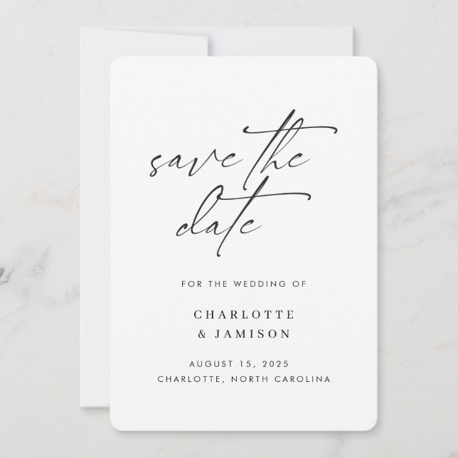 Save The Date Elegant Modern Minimalist Script Black White Photo (Devant)