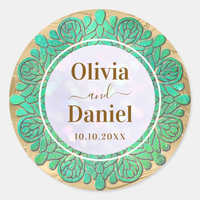 Save the Date, Elegant Modern Turquoise Mandala Classic Round Sticker (Front)