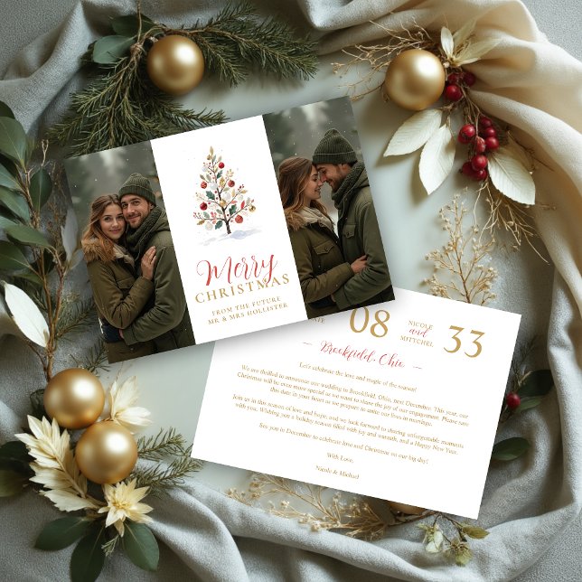Save The Date Elegant Modern Wedding Christmas Tree 2-Photos  (Elegant Modern Wedding Christmas Tree 2-Photos in Red and Faux Gold Holiday Cards Save the Date Card)