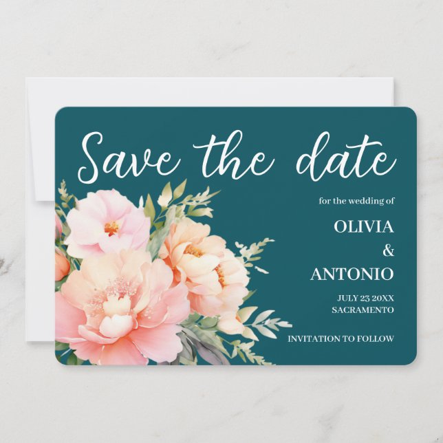 Save The Date Élégant Moderne Aquarelle Florale Pivoine Sarcelle (Devant)