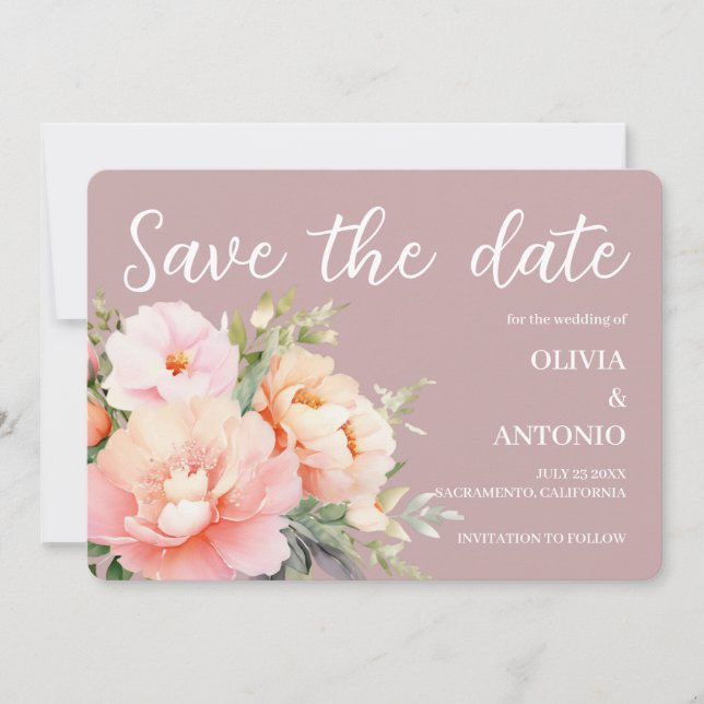 Save The Date Élégant Moderne Peinture Aquarelle Fleurie Pivoine (Devant)