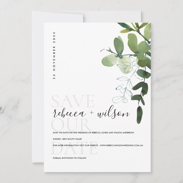 SAVE THE DATE ELÉGANT MODERNE VERT EUCALYPTUS FOLIAGE EAU COULEU (Devant)