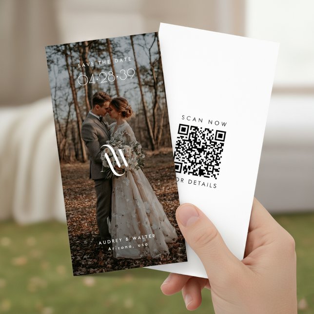 Save The Date Elegant Monogram Bookmark QR-code Rustic Photo (Créateur téléchargé)