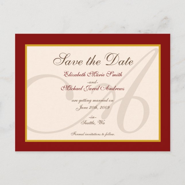 Save the Date Elegant Monogram Burgundy Postcard (Front)