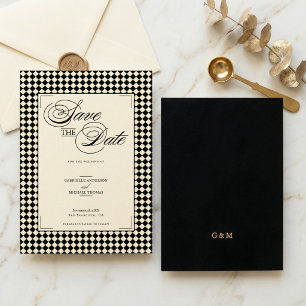 Save The Date Élégant Monogramme Crème Noir Damier