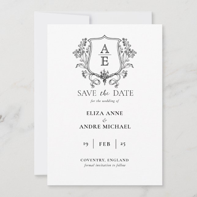 Save The Date Élégant Monogramme de Feuille de Crête Mariage Noi (Devant)
