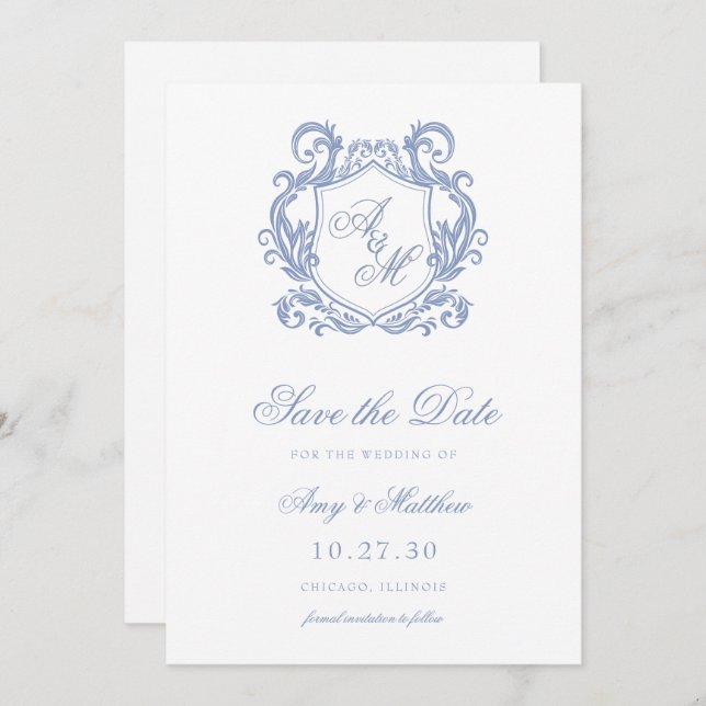 Save The Date Élégant Monogramme Dusty Blue Crest Mariage (Devant / Derrière)