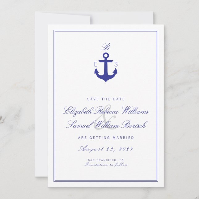Save The Date Élégant Monogramme Nautique Nettoyant Enregistrer  (Devant)