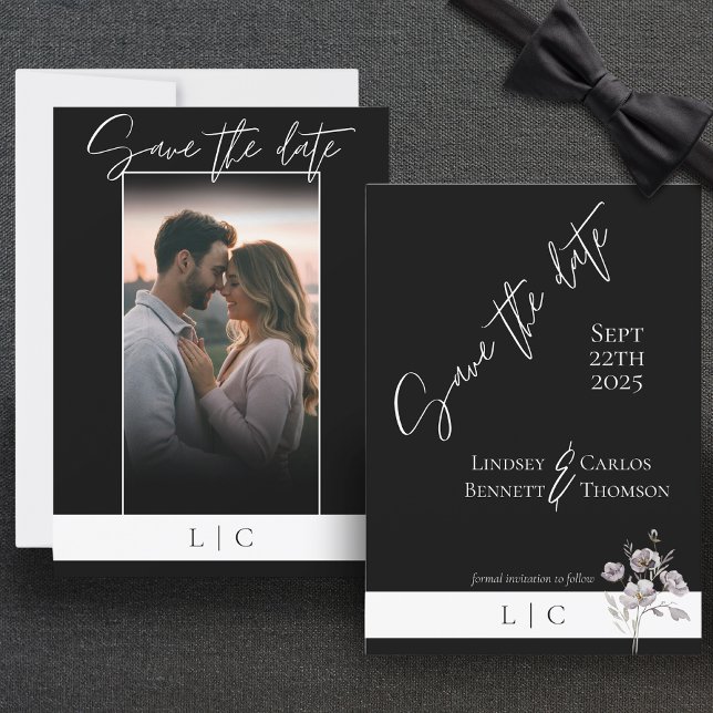 Save The Date Élégant monogramme photo caligraphie noir (Créateur téléchargé)