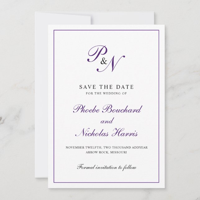 Save The Date Élégant Monogramme violet Mariage officiel (Devant)