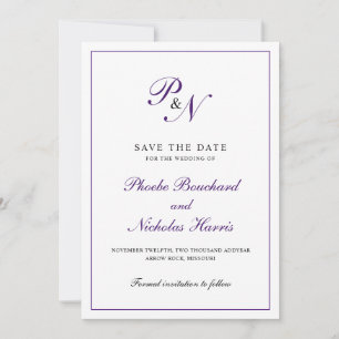 Save The Date Élégant Monogramme violet Mariage officiel
