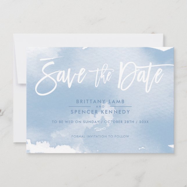 SAVE THE DATE elegant muted pale blue watercolor (Front)