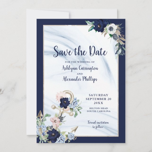 Save The Date Elégant Nautique Floral Ancre Marine Blue Blush (Devant)