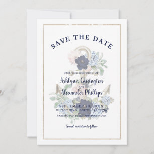 Save The Date Elégant Nautique Floral Ancre Marine Blue Champagn