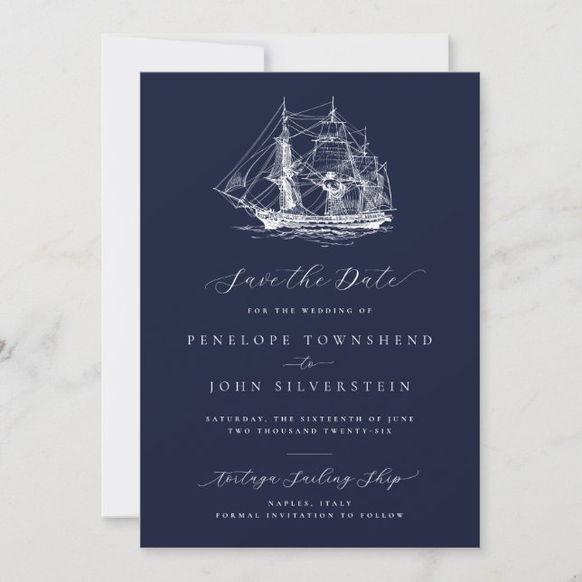 Save The Date Elégant navire nautique Mariage bleu marine (Devant)
