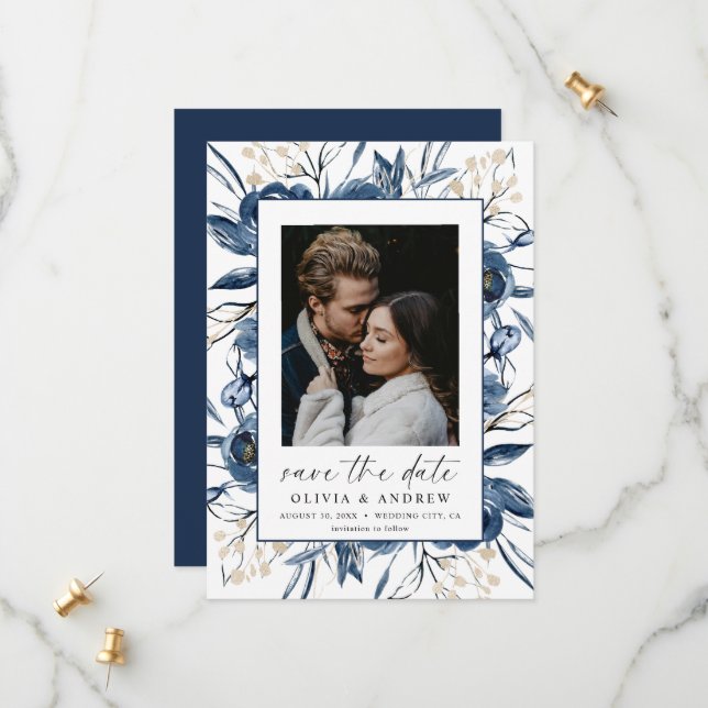 Save The Date Elegant Navy Blue Script Photo Floral Wedding (Devant/Arrière en situation)