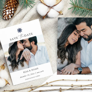Save The Date Elegant Navy Blue Snowflake deux photos mariage