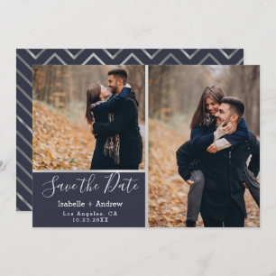 Save The Date Elégant Navy Silver Photo Collage Enregistrer la d
