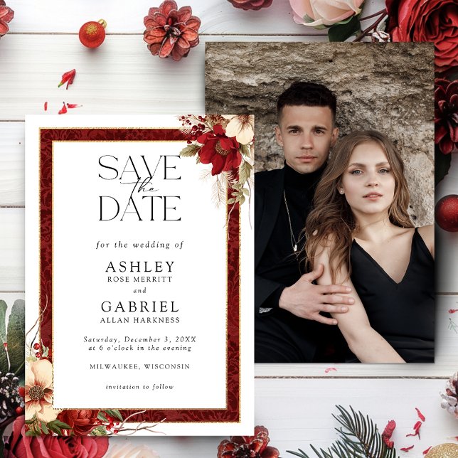 Save The Date Élégant Noël Rouge Damas Floral (Créateur téléchargé)