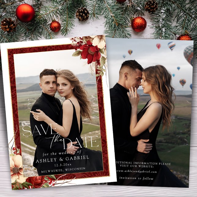 Save The Date Élégant Noël Rouge Damas Floral Photo (Créateur téléchargé)