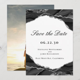 Save The Date Élégant noir argenté agate Mariage photo